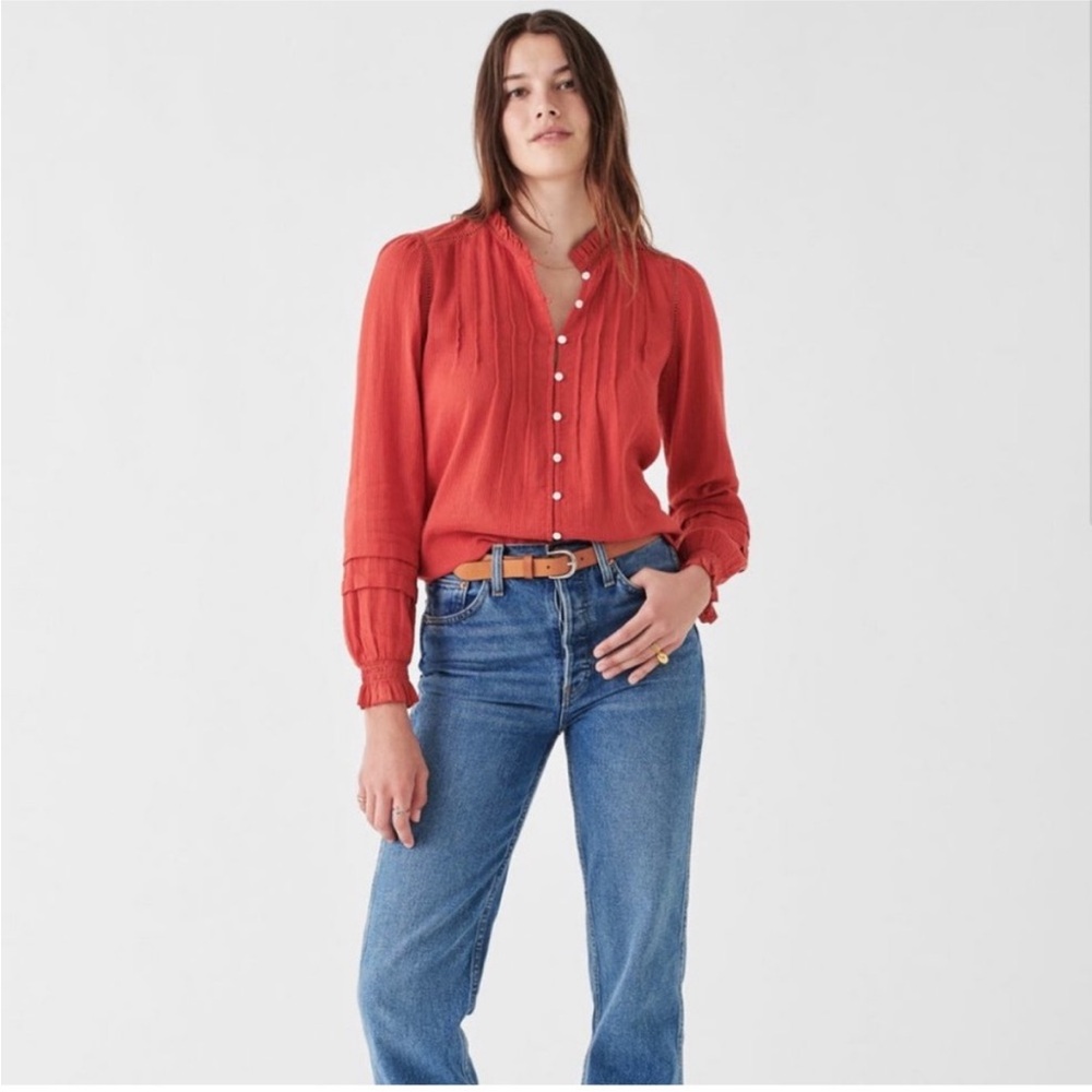 Faherty Red Button-Front Pintuck Blouse